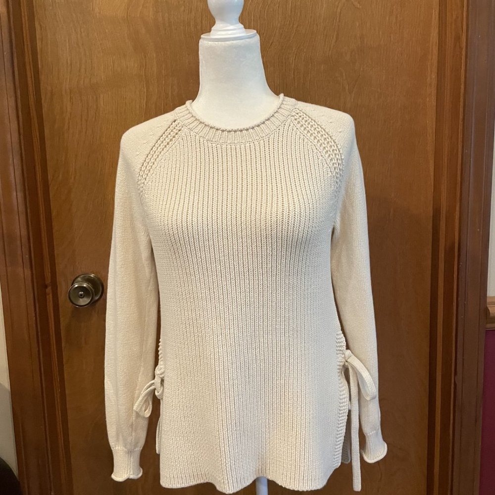 J Crew Pullover Sweater Womens Size XXS Cream Tie Side Slit Crew Neck EUC